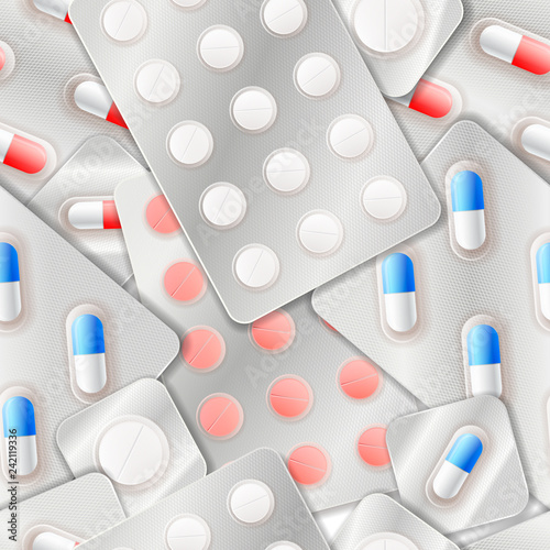Different medicine capsules and pills in blister, seamless pattern