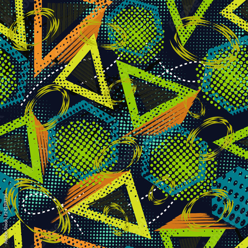 Abstract grunge sport pattern children for girls and boys. Creative sport vector pattern with dots, triangle, lines, polygon. Funny wallpaper for textile and fabric. Fashion sport pattern style.