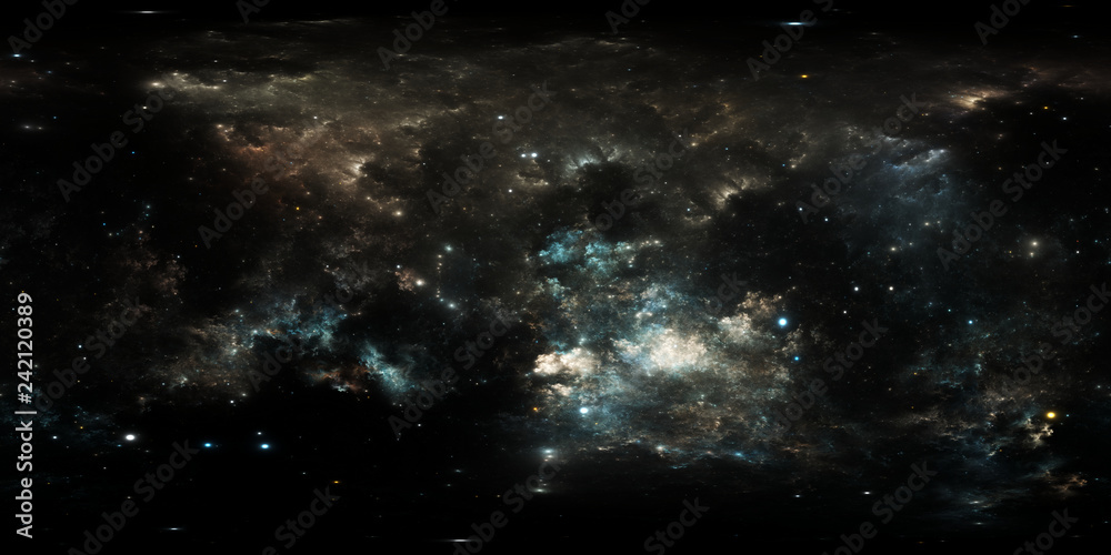 Fototapeta premium Panorama mgławicy w przestrzeni 360 stopni, projekcja w układzie prostokąta, mapa środowiska. Panorama sferyczna HDRI. Tło z mgławicy i gwiazd