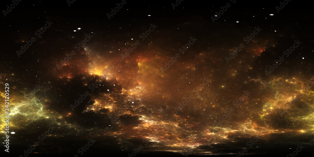 Obraz premium Panorama mgławicy w przestrzeni 360 stopni, projekcja w układzie prostokąta, mapa środowiska. Panorama sferyczna HDRI. Tło z mgławicy i gwiazd