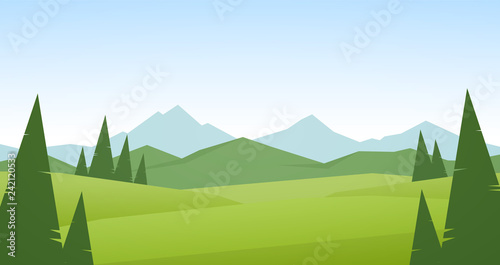 Vector illustration: Summer Mountains landscape with hills and green pines on foreground.