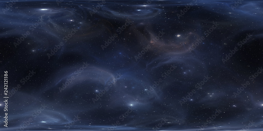 Fototapeta premium Międzygwiezdna chmura gazu i pyłu. Głębokie tło kosmosu z gwiazdami. Mgławica kosmiczna. Panorama, mapa 360 HDRI środowiska. Rzut równomierny, panorama sferyczna