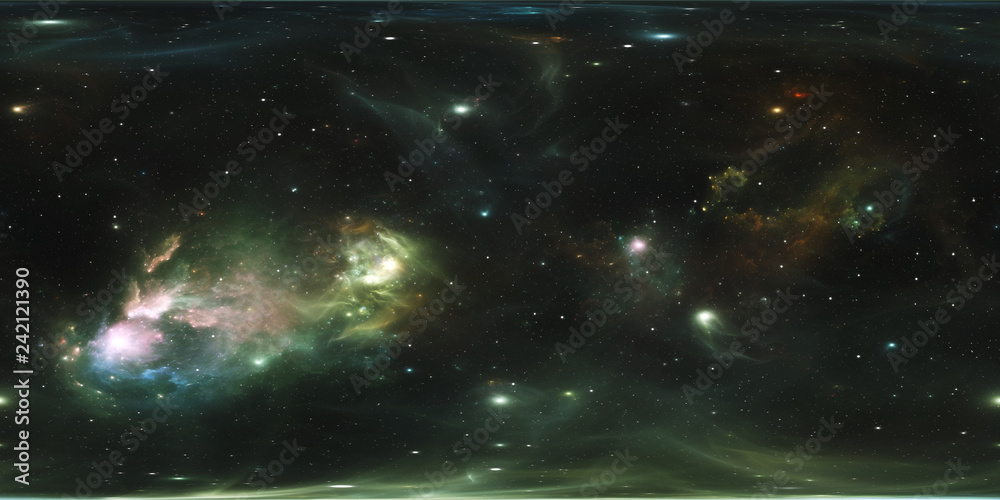 Fototapeta premium Panorama mgławicy w przestrzeni 360 stopni, projekcja w układzie prostokąta, mapa środowiska. Panorama sferyczna HDRI. Tło z mgławicy i gwiazd