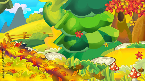 cartoon autumn nature background with forest and mountains - illustration for children