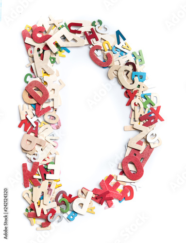 Colorful wood alphabet letters on white background,letter D