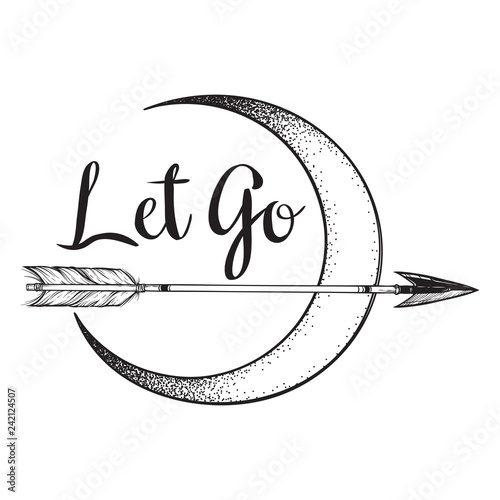 Arrow in front of the crescent moon line art and dot work. Boho sticker, print or blackwork flash tattoo art design hand drawn vector illustration.