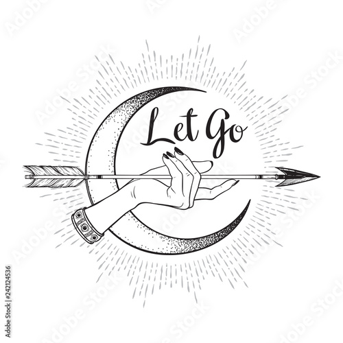 Arrow in female hand in front of the crescent moon line art and dot work. Boho sticker, print or blackwork flash tattoo art design vector illustration.