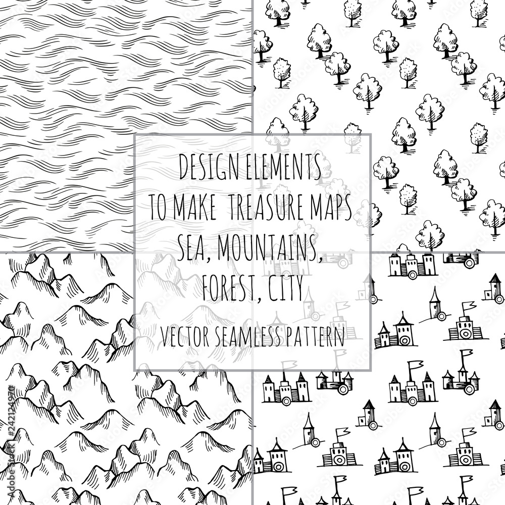 Example design elements to make your own fantasy or treasure maps. Includes city, forest, mountains, sea, waves, ocean. Imitation of medieval drawings. Hand-drawn sketch. Vector