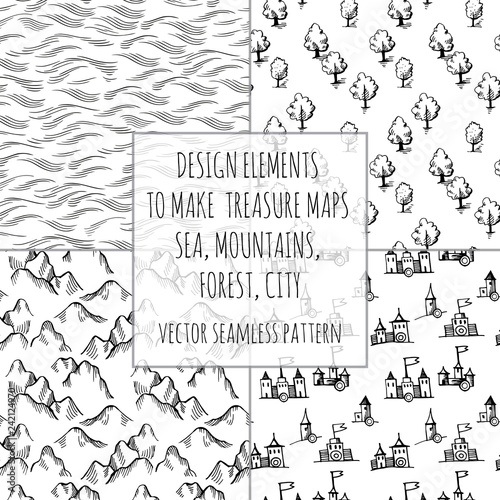 Example design elements to make your own fantasy or treasure maps. Includes city, forest, mountains, sea, waves, ocean. Imitation of medieval drawings. Hand-drawn sketch. Vector