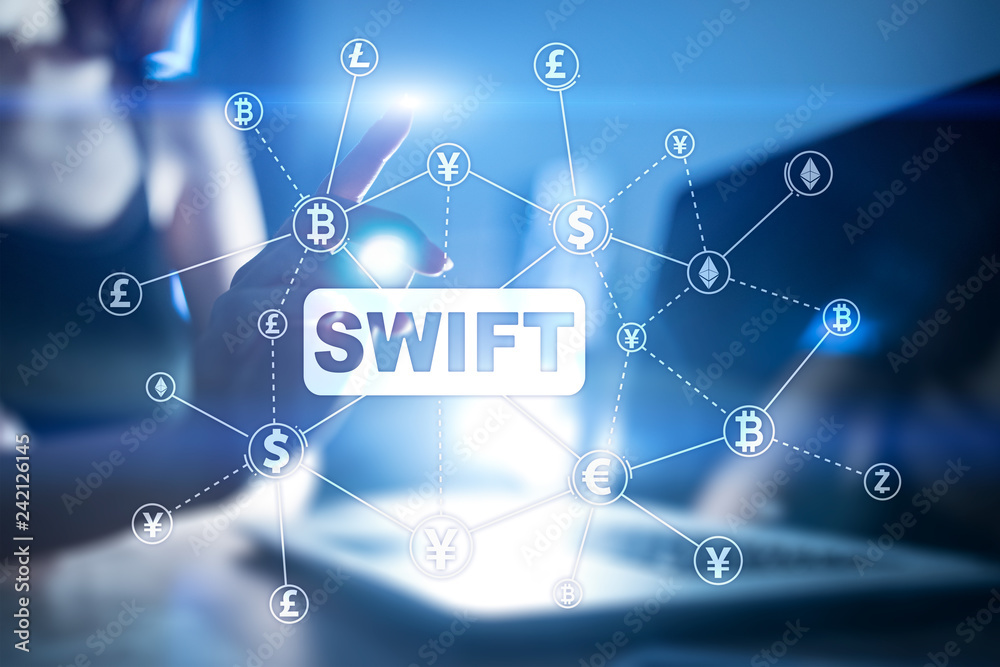 SWIFT, Society for Worldwide Interbank Financial Telecommunications, online payment and financial regulation concept.