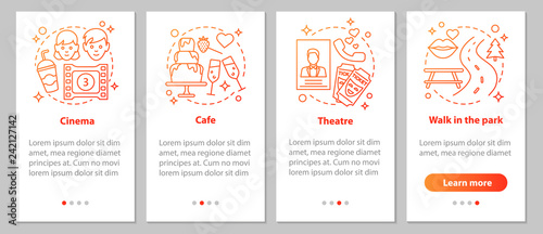 Types of dates onboarding mobile app page screen with linear con