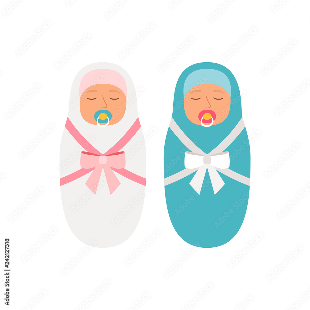 Girl and boy babies. Beautiful newborn baby vector illustration, pink girl and blue boy innocent little children isolated on white Girl and boy babies. Beautiful newborn baby vector illustration, pink girl and blue boy innocent little children isolated on white