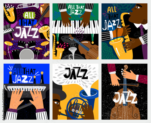 Jazz banners. Jazz music vector posters with musical instruments like saxophone and piano, double bass and drums for blues festival