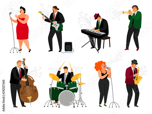 Jazz people. Singing girl with microphone and friendly piano player, brass saxophonist, guitarist musician and drummer performer, vector illustration