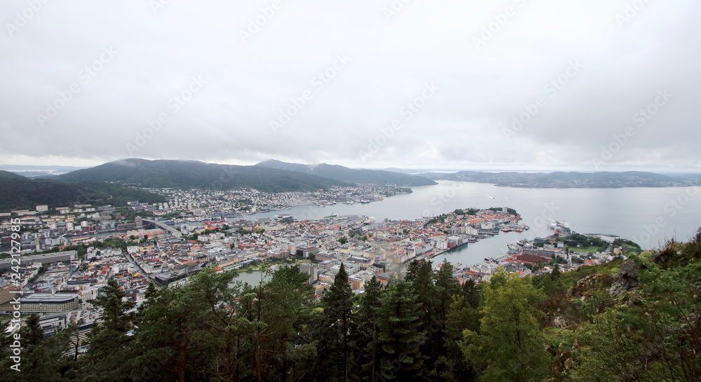 Aerial view of Bergen city from Mount Floyen, the  most known of the seven hills surrounding this Norwegian town. 