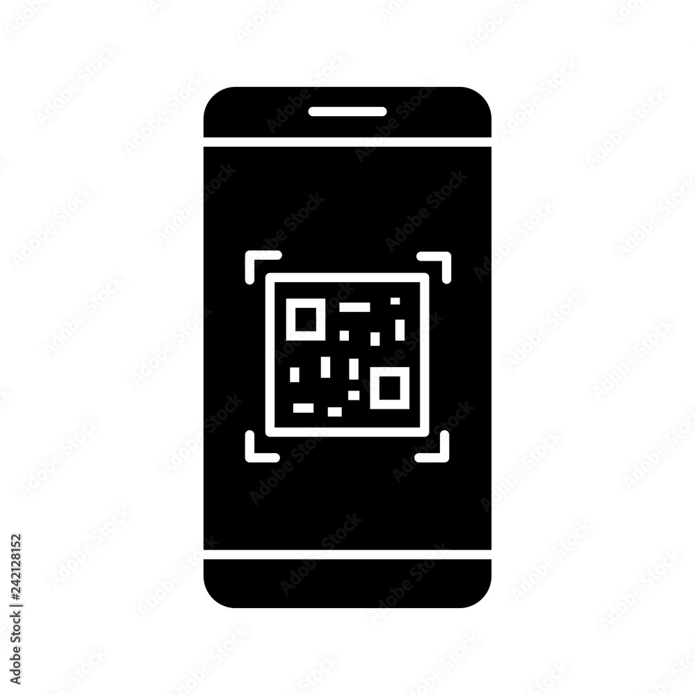 QR code scanning smartphone app glyph icon QR code scanning smartphone app glyph icon