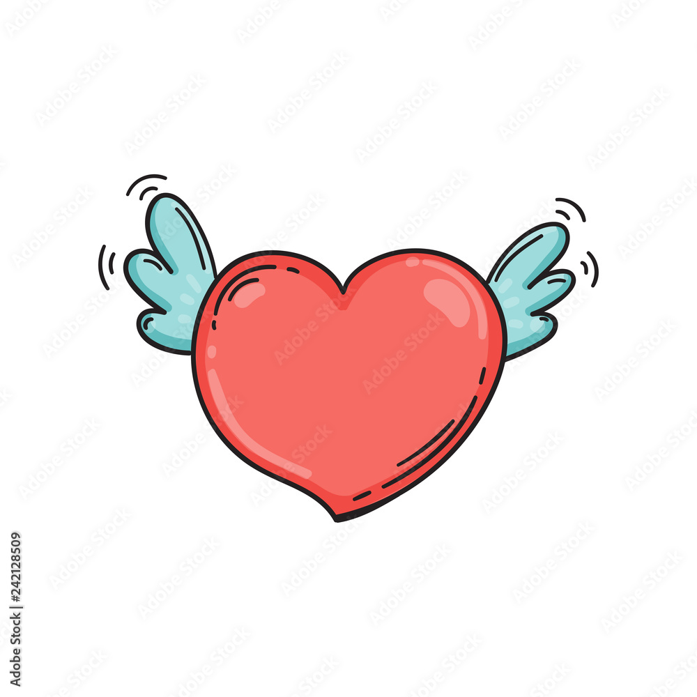 Flying heart with wings in doodle style. Template for Valentine day. Flying heart with wings in doodle style. Template for Valentine day.