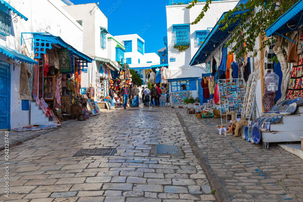 Cityscape with typical white blue colored houses in resort town Sidi Bou Said. Tunisia.