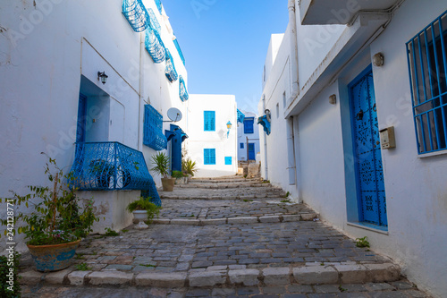 Cityscape with typical white blue colored houses in resort town Sidi Bou Said. Tunisia.