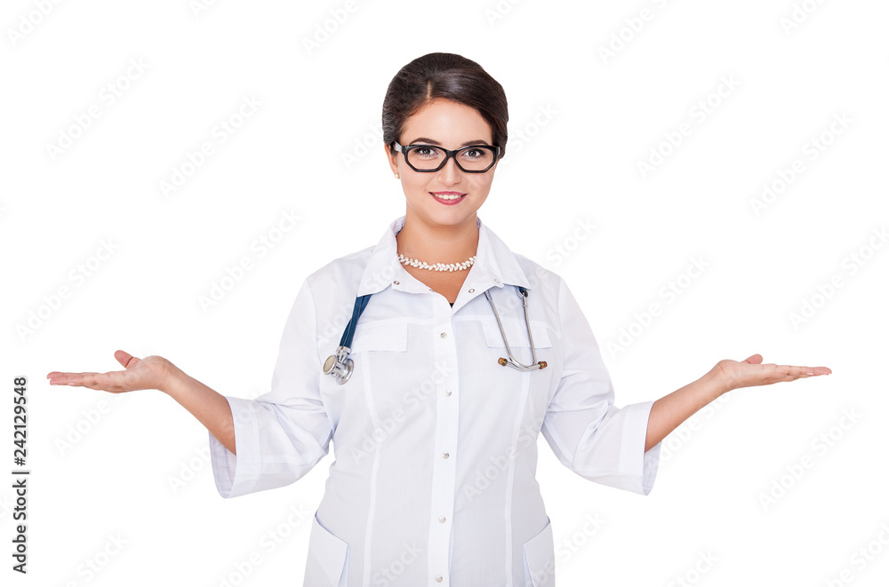 Beautiful woman doctor with welcome gesture isolated Beautiful woman doctor with welcome gesture isolated