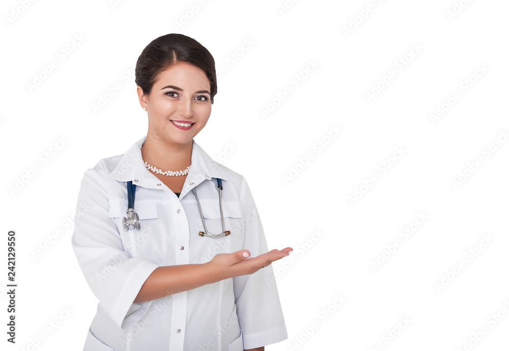 Beautiful woman doctor showing on something isolated on white Beautiful woman doctor showing on something isolated on white