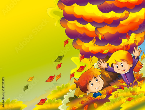 cartoon autumn nature background with girl and boy playing hide and seek and having fun with the falling leafs - illustration for children