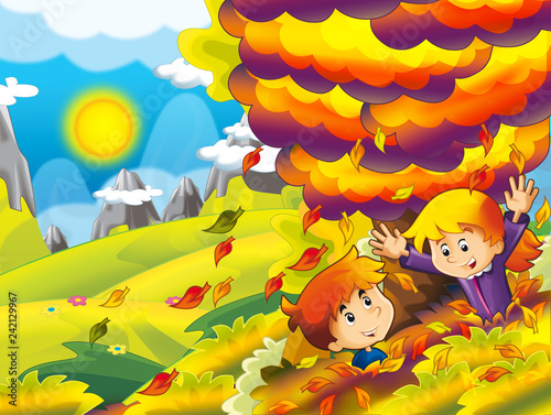 cartoon autumn nature background in the mountains with girl and boy playing hide and seek and having fun with the falling leafs - illustration for children