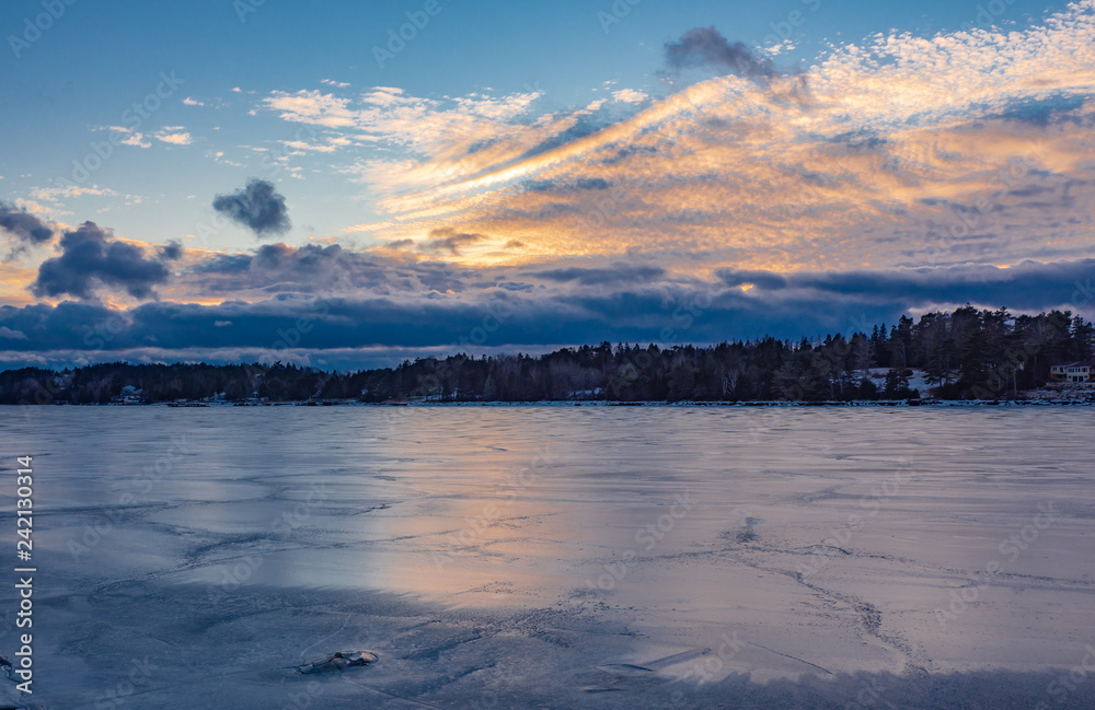 Winter in Nova Scotia, sunset over lake in winter, cold, no people, landscapes, scenic.