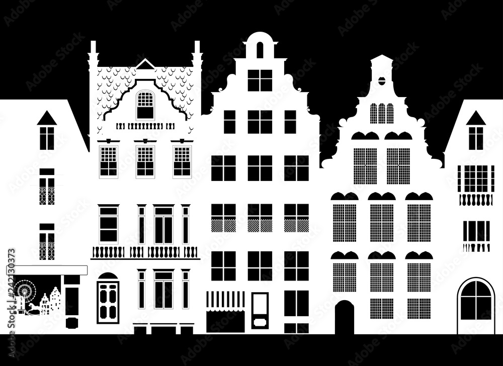 Facades of houses, street, vintage. Cartoon-style. Vector