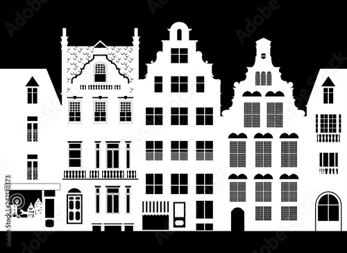 Facades of houses, street, vintage. Cartoon-style. Vector