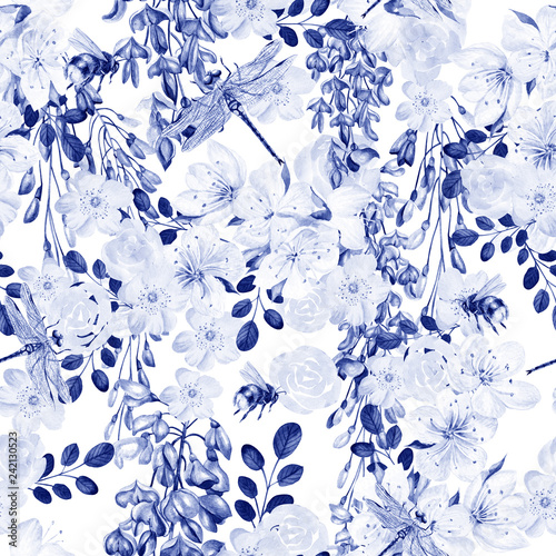 Beautiful watercolor pattern with wisteria and spring flowers.