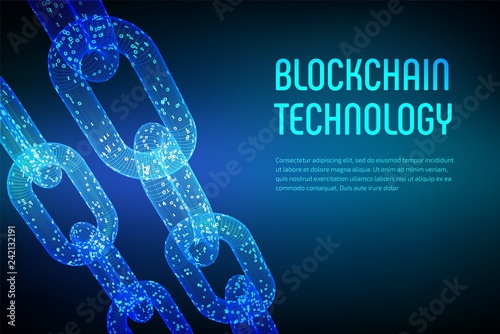 Block chain. Crypto currency. Blockchain concept. 3D wireframe chain with digital code. Editable cryptocurrency template. Stock vector illustration.