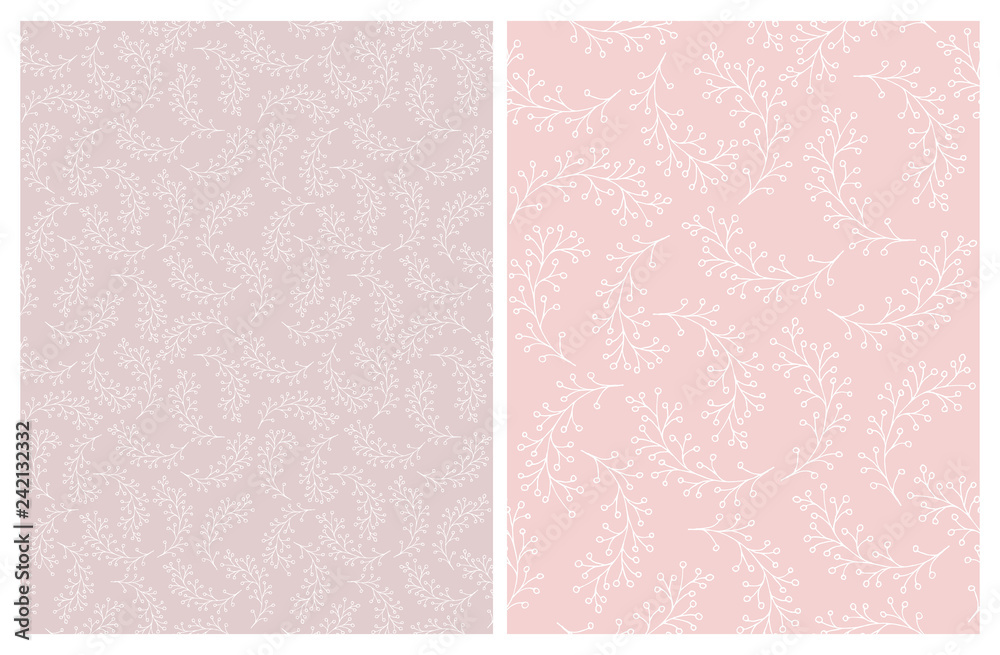 Delicate Sketched Abstract Branch Vector Pattern. Hand Drawn White Twigs on a Pink Background. Lovely Hand Drawn Sprigs. Infantile Style Floral Patterns.