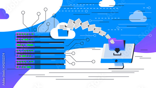 vector image of data center, server transferring files and documents to a personal computer, data transfer technology