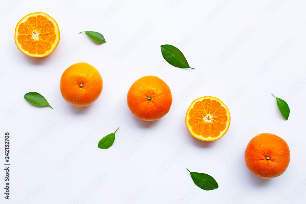 Fresh orange citrus fruits with leaves on white background. Fresh orange citrus fruits with leaves on white background.