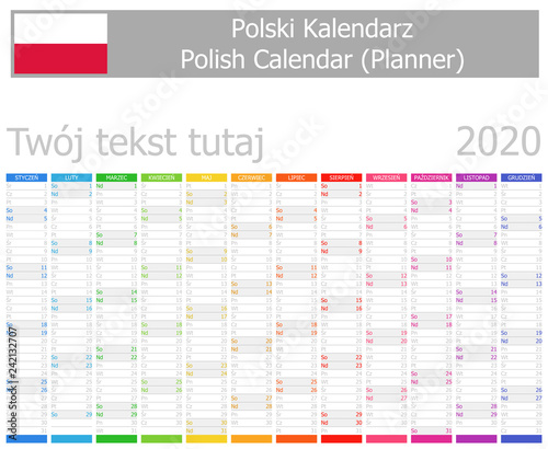 2020 Polish Planner Calendar with Vertical Months on white background