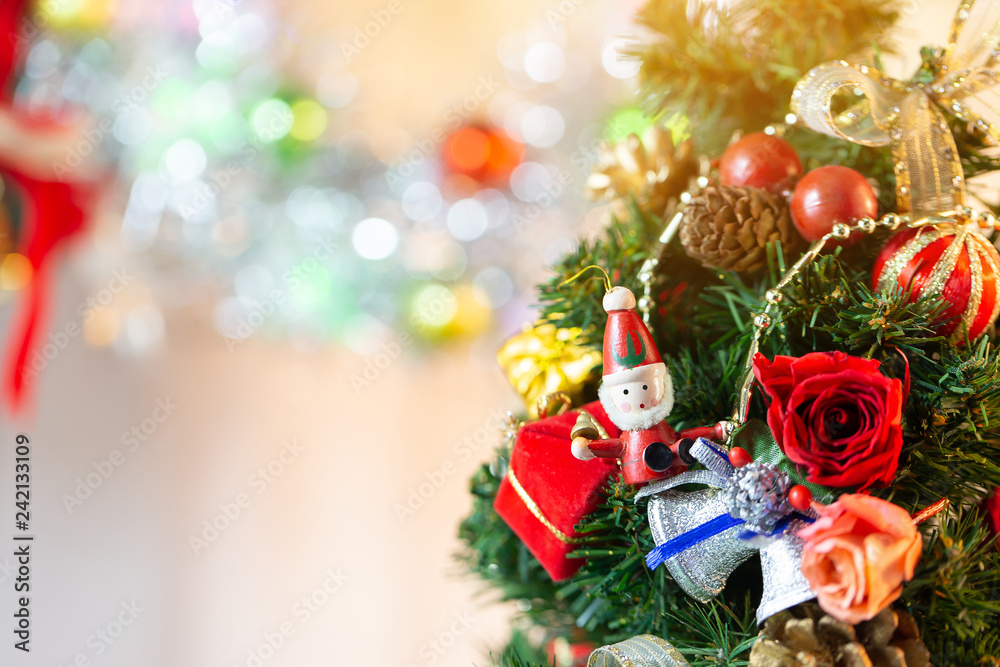 Christmas background with decorations and gift boxes on wooden