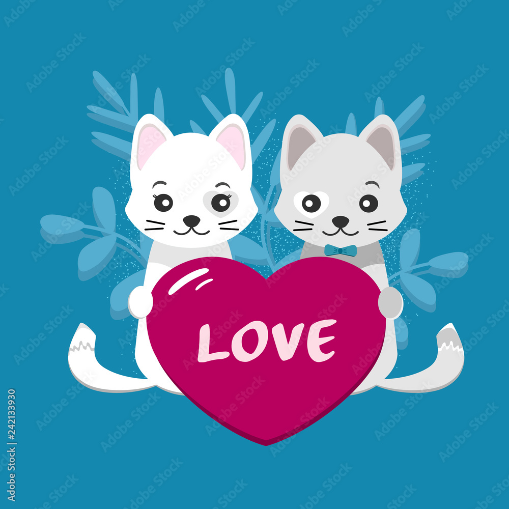 Valentines day card. Young cute couple, white, gray cat and pink heart over blue background. Vector illustration for greeting card or poster. Valentines day card. Young cute couple, white, gray cat and pink heart over blue background. Vector illustration for greeting card or poster.