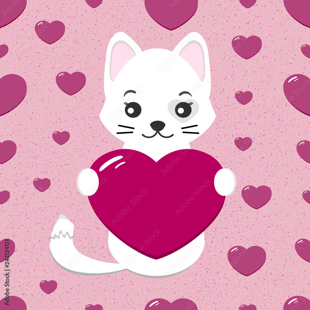 Valentines day card with cute, white cat and pink heart on pink background. Vector illustration for greeting card or poster. Valentines day card with cute, white cat and pink heart on pink background. Vector illustration for greeting card or poster.