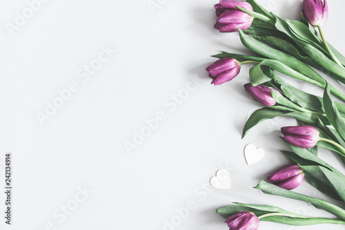 Flowers composition. Purple tulip flowers on pastel gray background. Valentine's day, Mother's day concept. Flat lay, top view, copy space