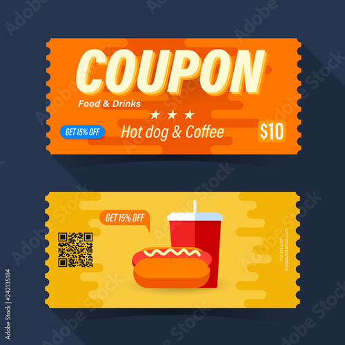 Food and drink coupon ticket card. Hot dog and coffee element template for graphics design. Vector illustration