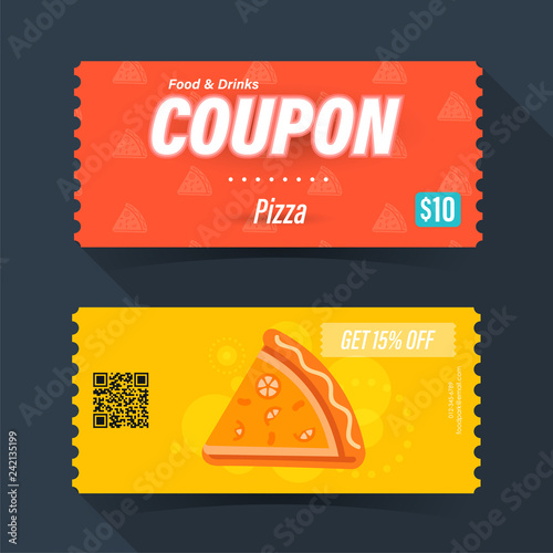 Food and drink coupon ticket card. Pizza element template for graphics design. Vector illustration