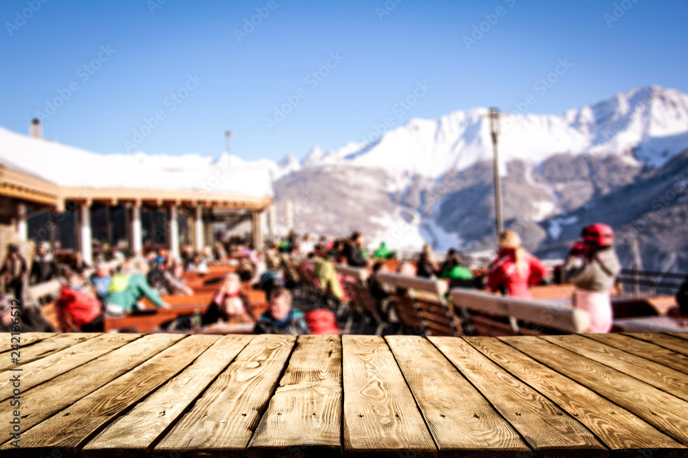 Winter table background in Alps and mountains landscape Winter table background in Alps and mountains landscape
