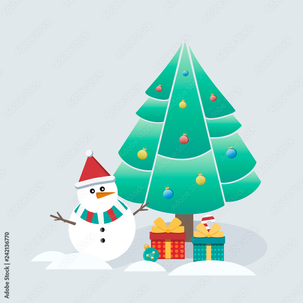 Cute vector illustration of a little snowman under the Christmas tree with gifts on a gray background, used for posters, banners, etc. Cute vector illustration of a little snowman under the Christmas tree with gifts on a gray background, used for posters, banners, etc.