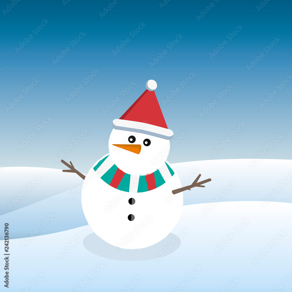 Cute vector illustration of a funny snowman in a Christmas cap on the background of a winter landscape.
