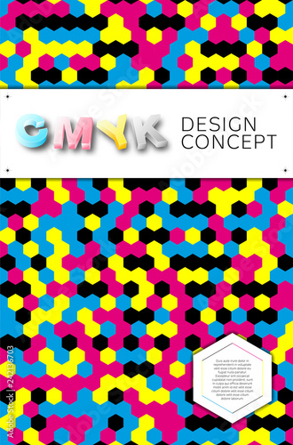 CMYK print design concept background with mosaic and 3D letters