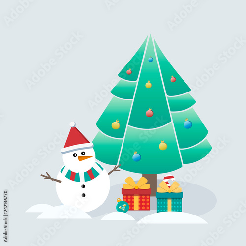 Cute vector illustration of a little snowman under the Christmas tree with gifts on a gray background  used for posters  banners  etc.