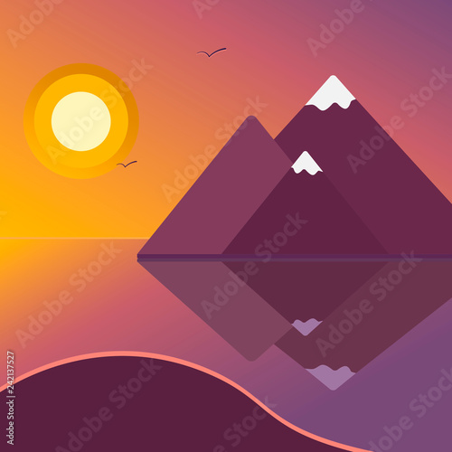 Beautiful vector illustration of nature landscape. Flat poster of a sunset on a background of mountains.