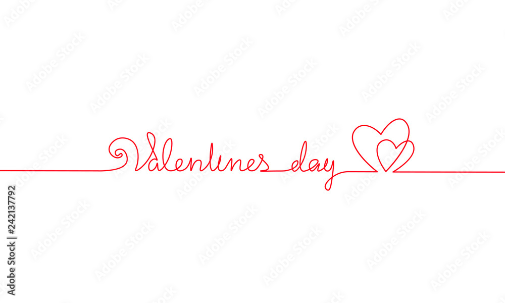 Happy Valentine Day continuous one line art. Hand drawn sketch romantic date greeing holiday card. Two love heart shape lineart minimalistic lettering vector illustration