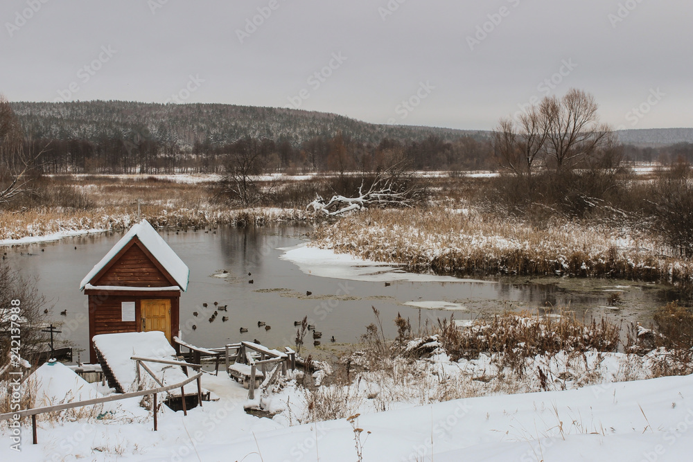 Landscape overlooking the lake in winter